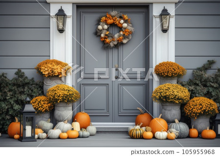 Front door with fall decor, pumpkins and autumnthemed decorations Front door with fall decor, pumpkins and autumnthemed decorations 105955968