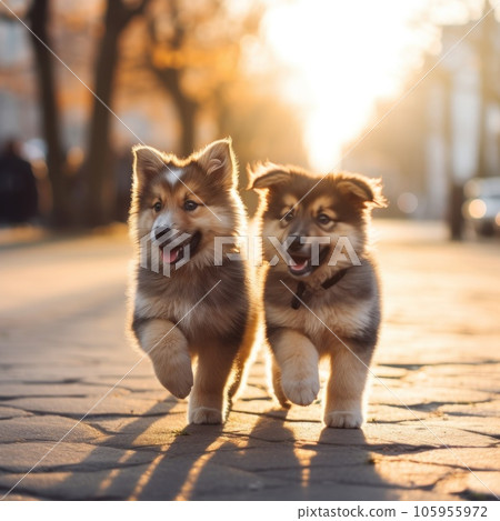 Two puppies walk on the street Two puppies walk on the street 105955972