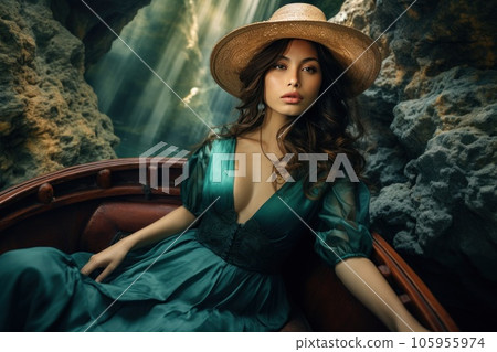 A woman in a hat riding on a boat around some lush tropical islands A woman in a hat riding on a boat around some lush tropical islands 105955974