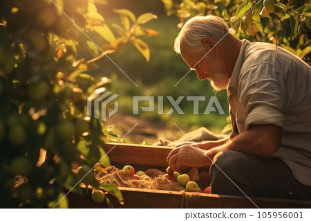 A man bring apples on an apple tree at sunrise A man bring apples on an apple tree at sunrise 105956001