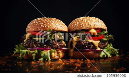 Two burgers on dark background Two burgers on dark background 105956008