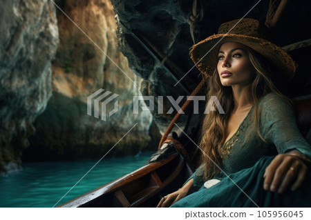 A woman in a hat riding on a boat around some lush tropical islands A woman in a hat riding on a boat around some lush tropical islands 105956045