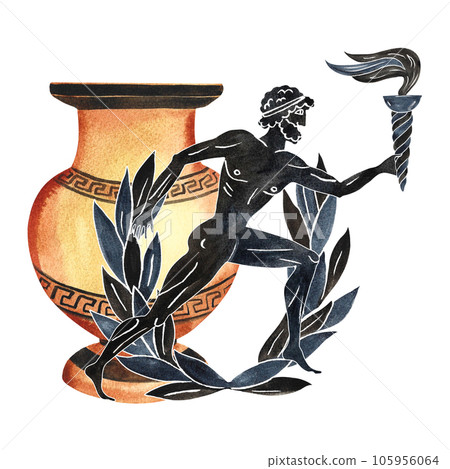 Composition with ancient Greek elements and an athlete with a torch. Amphora, laurel wreath. In the style of ancient Greek art painting. Hand drawn watercolor illustration. 105956064