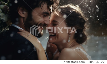 Brides and grooms smiling, with water drops thrown 105956127