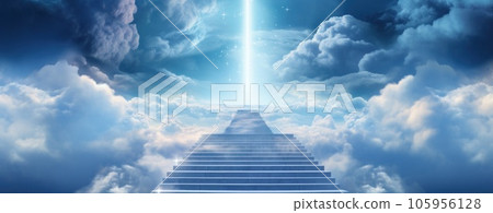 a staircase leads in the sky with clouds 105956128
