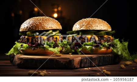 Two burgers on dark background 105956187