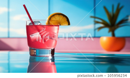 Pink cocktail with lemon wedge sitting on the pool table 105956234