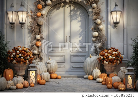 Front door with fall decor, pumpkins and autumnthemed decorations Front door with fall decor, pumpkins and autumnthemed decorations 105956235
