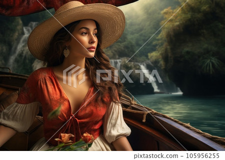 A woman in a hat riding on a boat around some lush tropical islands 105956255