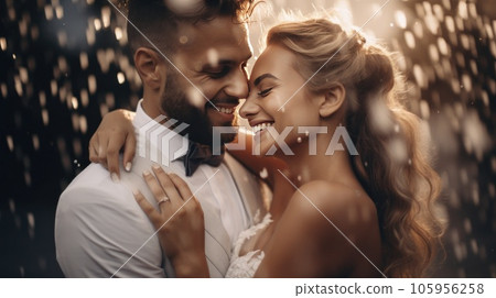 Brides and grooms smiling, with water drops thrown Brides and grooms smiling, with water drops thrown 105956258