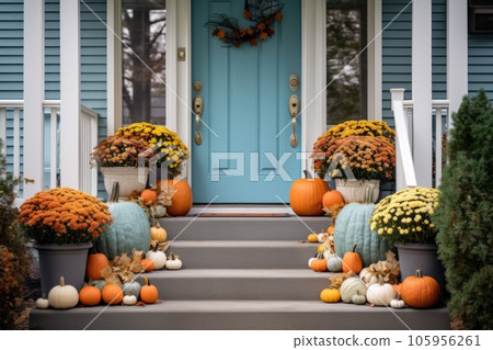 Front door with fall decor, pumpkins and autumn themed decorations Front door with fall decor, pumpkins and autumn themed decorations 105956261