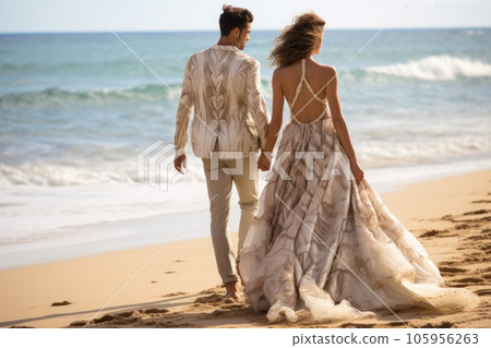 Couple dressed in white walking on the beach Couple dressed in white walking on the beach 105956263
