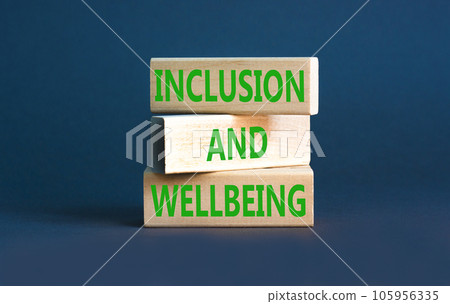 Inclusion and wellbeing symbol. Concept words Inclusion and wellbeing on wooden block. Beautiful grey table grey background. Motivational inclusion and wellbeing concept. Copy space. Inclusion and wellbeing symbol. Concept words Inclusion and wellbeing on wooden block. Beautiful grey table grey background. Motivational inclusion and wellbeing concept. Copy space. 105956335