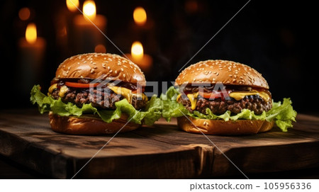 Two burgers on dark background Two burgers on dark background 105956336