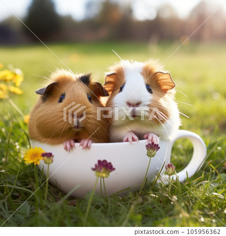 two guinea pigs sit in two cups and gnaw on one grass two guinea pigs sit in two cups and gnaw on one grass 105956362