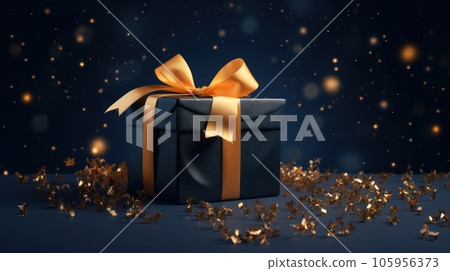 Present box wrapped in a gold ribbon with stars floating around a blue background Present box wrapped in a gold ribbon with stars floating around a blue background 105956373