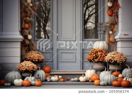 Front door with fall decor, pumpkins and autumnthemed decorations Front door with fall decor, pumpkins and autumnthemed decorations 105956374