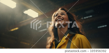 A woman wearing hard hat and protective jacket stands in the electric wires of a power station working A woman wearing hard hat and protective jacket stands in the electric wires of a power station working 105956392