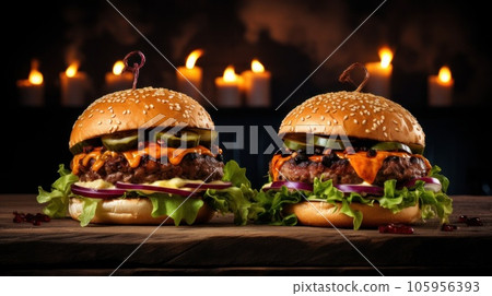 Two burgers on dark background 105956393