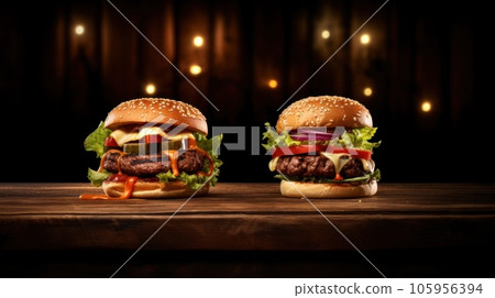 Two burgers on dark background Two burgers on dark background 105956394