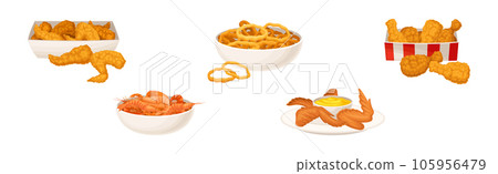 Snacks and Starters with Crunchy Onion Rings, Shrimp and Fried Chicken Wings Vector Set 105956479