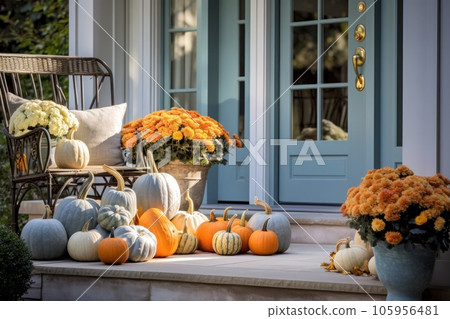 Front door with fall decor, pumpkins and autumn themed decorations Front door with fall decor, pumpkins and autumn themed decorations 105956481
