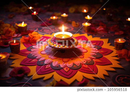Lamps lit during diwali celebration. Lighting candles in rangoli patterns. AI generated 105956518