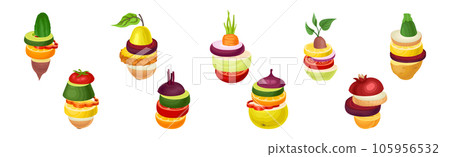 Sliced Fruits and Vegetables Arranged in Pile Vector Set 105956532