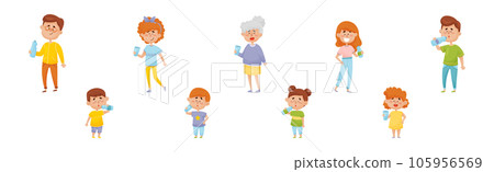 People Drinking Water from Glass and Plastic Bottles Vector Set 105956569
