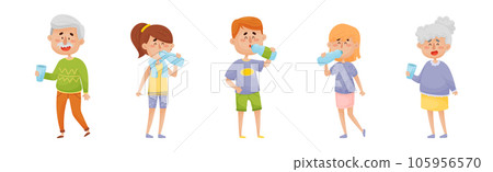 Man and Woman Drinking Water from Glass and Plastic Bottles Vector Set Man and Woman Drinking Water from Glass and Plastic Bottles Vector Set 105956570