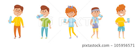 Man and Woman Drinking Water from Glass and Plastic Bottles Vector Set Man and Woman Drinking Water from Glass and Plastic Bottles Vector Set 105956571