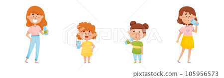 Woman and Girl Drinking Water from Glass and Plastic Bottles Vector Set 105956573