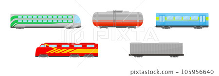 Passenger and Cargo Train and Railroad Transport with Wagon Vector Set 105956640