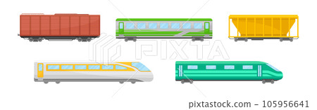 Passenger and Cargo Train and Railroad Transport with Wagon Vector Set 105956641