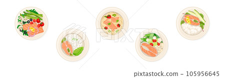Salmon Dish as Tasty Seafood Meal Served on Plate Vector Set Salmon Dish as Tasty Seafood Meal Served on Plate Vector Set 105956645