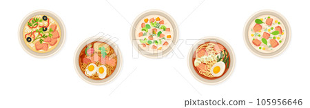 Salmon Dish as Tasty Seafood Meal Served on Plate Vector Set 105956646