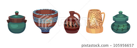 Ceramic Vase and Crafted Clay Container with Ornament Vector Set 105956657