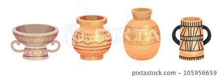Ceramic Vase and Crafted Clay Container with Ornament Vector Set Ceramic Vase and Crafted Clay Container with Ornament Vector Set 105956659