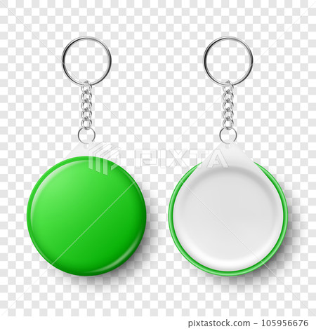 Vector Realistic Blank Green Round Keychain with Ring and Chain for Key Isolated. Button Badge with Rin, Plastic or Metal ID Badge with Chains Key Holder, Design Template, Mockup. Front View 105956676