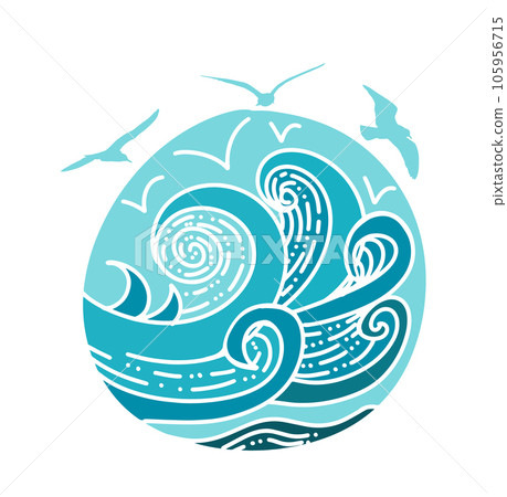 sea (ocean). logo design. The object is a round sign of the sea and seagulls. Vector illustration 105956715