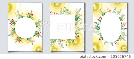 Set of floral card templates with red berries, fern, green branches, yellow wildflowers, watercolor splashes. For save the date, greeting cards, poster, anniversary, baby shower. Hand drawn botanical Set of floral card templates with red berries, fern, green branches, yellow wildflowers, watercolor splashes. For save the date, greeting cards, poster, anniversary, baby shower. Hand drawn botanical 105956746