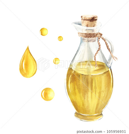 Olive oil in glass jug and oil drops. Hand drawn watercolor illustration on a white background. For menu, product and italian, greek, spanish cuisine design 105956931