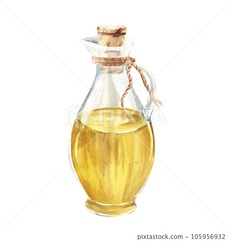 Olive oil in glass jug with cork and jute cord. Hand drawn watercolor illustration on a white background. For menu, product and italian, greek, spanish cuisine design Olive oil in glass jug with cork and jute cord. Hand drawn watercolor illustration on a white background. For menu, product and italian, greek, spanish cuisine design 105956932