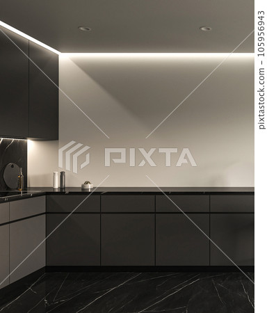 Modern dark kitchen interior with white walls, marble tile floor. 3d rendering. High quality 3d illustration 105956943