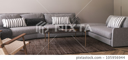 Modern home interior background with sofa, table and decor in living room. Horizontal banner panoramic background. 3d rendering. High quality 3d illustration Modern home interior background with sofa, table and decor in living room. Horizontal banner panoramic background. 3d rendering. High quality 3d illustration 105956944
