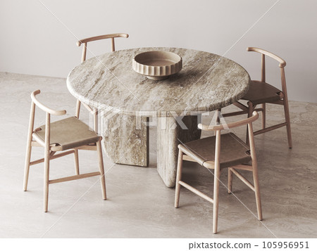 Wooden beige diningroom interior with stone marble dining table and chairs background. Natural light brown concrete floor. 3d rendering. High quality 3d illustration Wooden beige diningroom interior with stone marble dining table and chairs background. Natural light brown concrete floor. 3d rendering. High quality 3d illustration 105956951