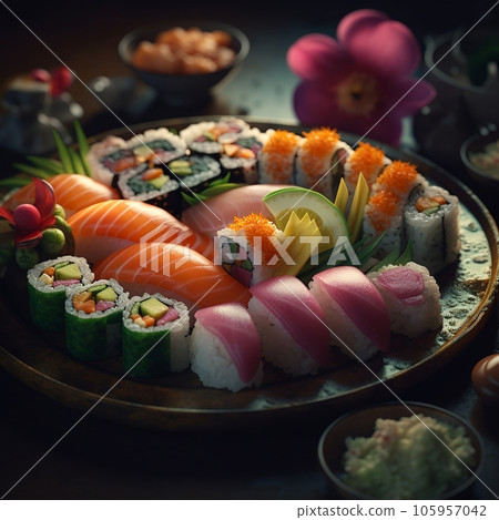 Photorealistic image of a colorful sushi platter, with vibrant slices of fish and delicate rolls. Generative AI 105957042