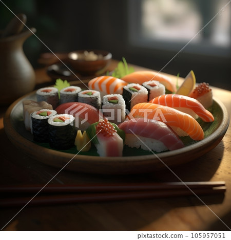 Photorealistic image of a colorful sushi platter, with vibrant slices of fish and delicate rolls. Generative AI 105957051