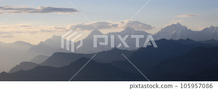 Peaks of Mount Schreckhorn, Eiger and Monch. Peaks of Mount Schreckhorn, Eiger and Monch. 105957086