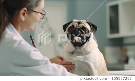 A veterinarian in a clinic looking at a dog A veterinarian in a clinic looking at a dog 105957292